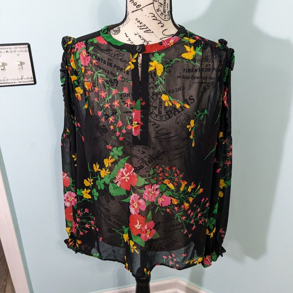 Cabi Black Floral Thespian Long Sleeve Blouse Size Medium sheer goth witchy